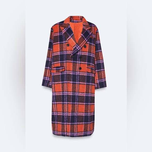 Nasty Gal Premium Plaid Double-Breasted Wool Look Coat Orange & Purple Size 16 - Picture 6 of 17